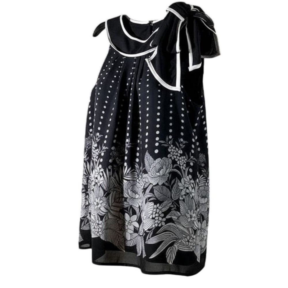 Misty & Max Womens Black‎ White Floral Polka Dot Bow Blouse Vintage Y2K Medium